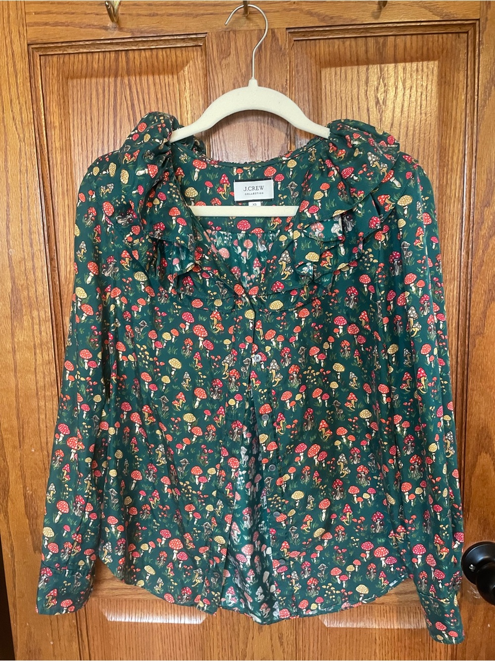 J. Crew Green Button-Front Blouse with Red and Gold Mushroom Print
